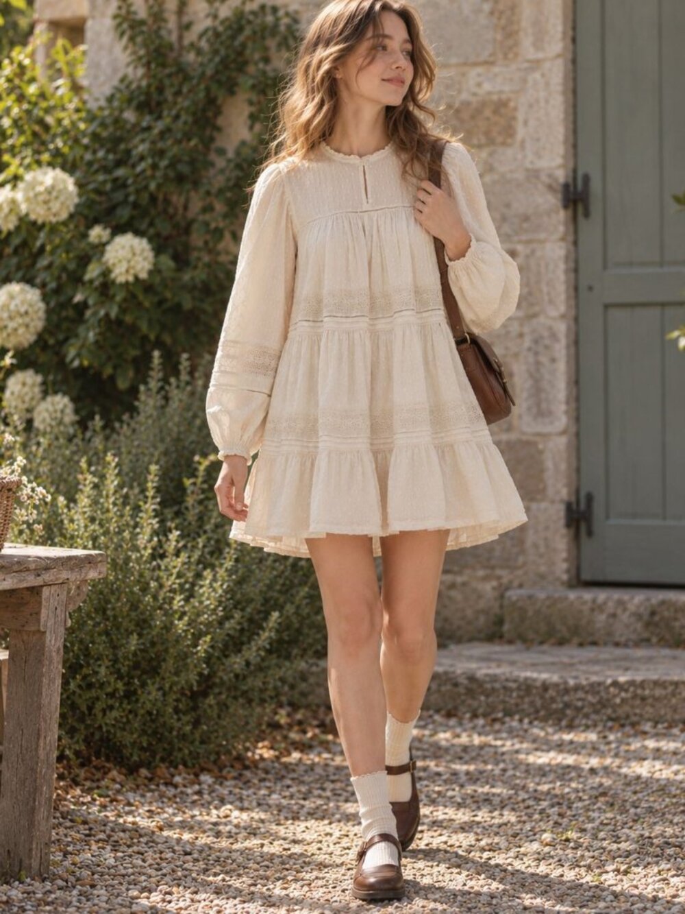 Old Navy Ivory Lace Pintuck Ruffle A-Line Dress Size S Long Sleeve Cottagecore